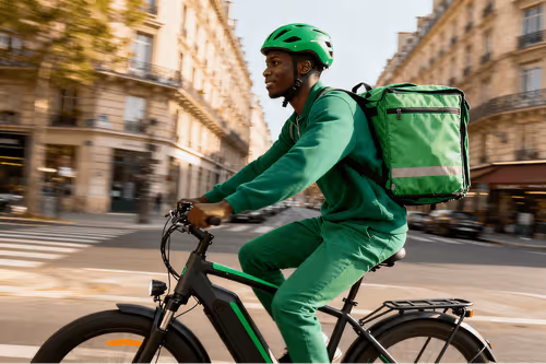 Livreur en tenue et casque verts à vélo électrique dans une rue urbaine.