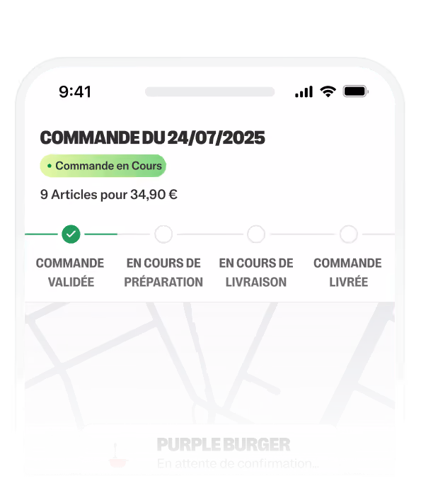 Écran de suivi de commande du 24/07/2025 pour Purple Burger, 9 articles à 34,90€, statut en cours.