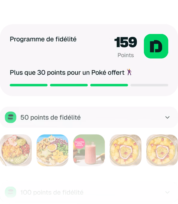 Programme de fidélité avec 159 points, progression vers un Poké offert, options à 50 et 100 points.