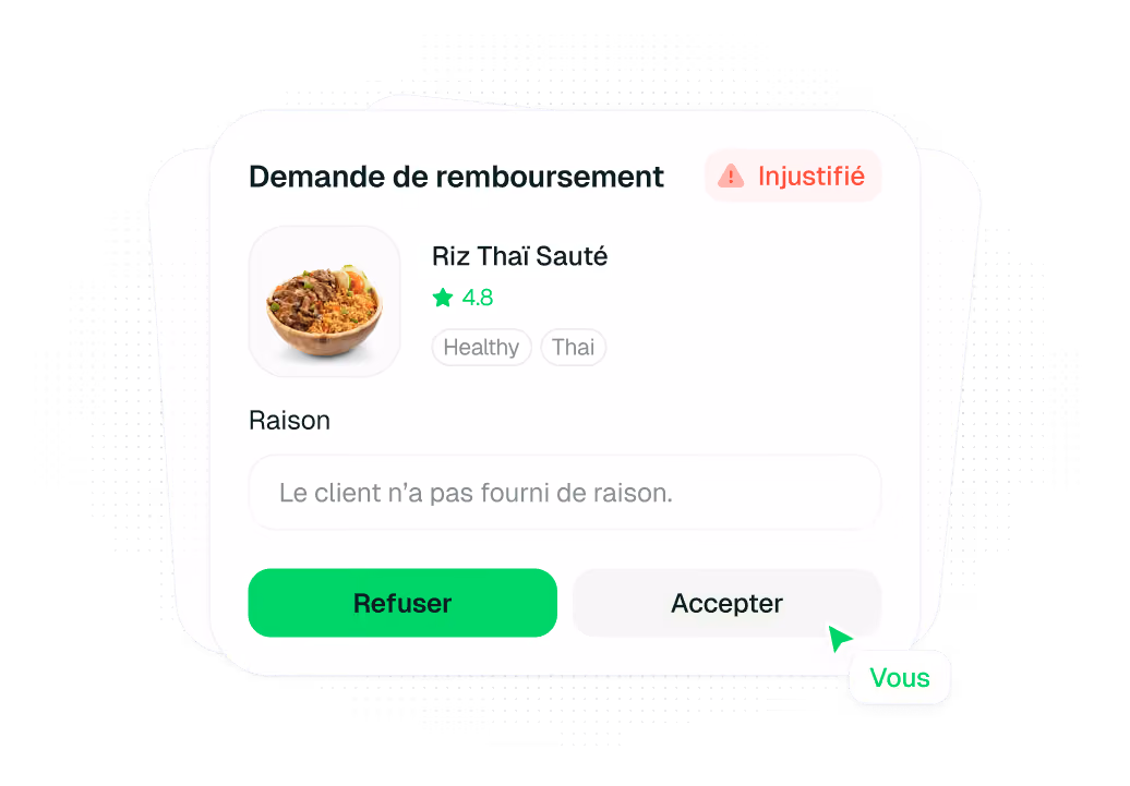 Interface de demande de remboursement pour riz thaï sauté noté 4,8, refusée pour raison non fournie.