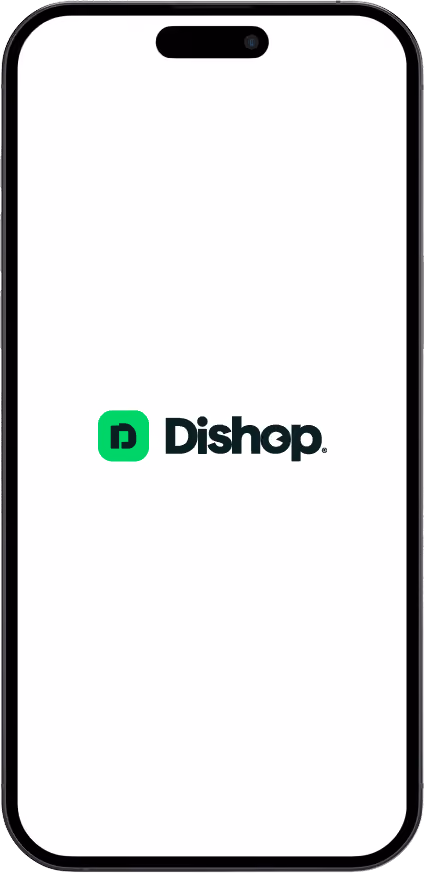 Logo de Dishep avec un D stylisé dans un carré vert sur l'écran d'un smartphone.