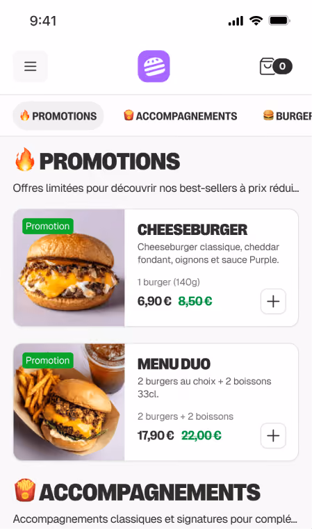 Application affichant des promotions: cheeseburger classique à 6,90€ et menu duo avec 2 burgers et boissons à 17,90€.