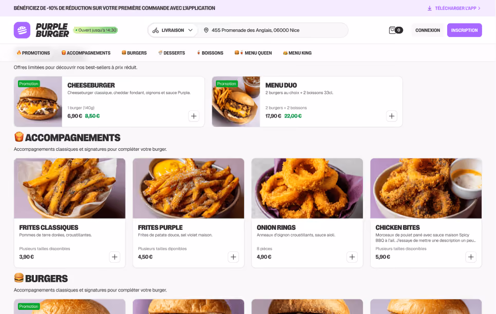 Page de menu Purple Burger avec promotions cheeseburger, menu duo, accompagnements frites et onion rings.