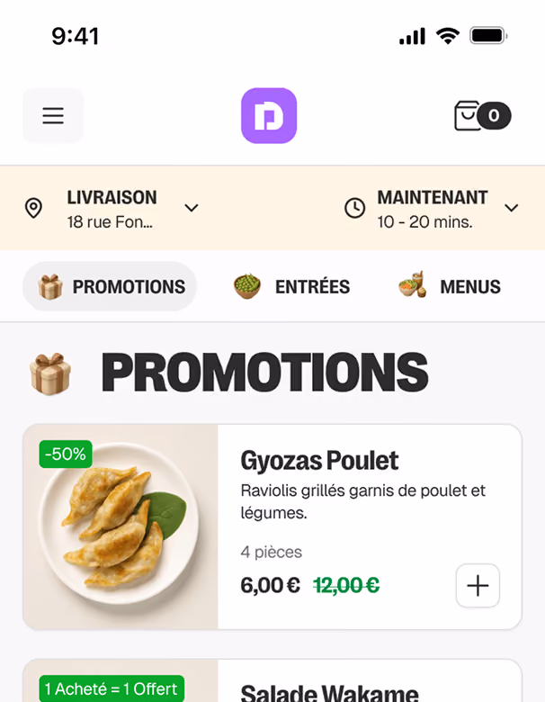 Promotion de gyozas poulet, raviolis grillés garnis de poulet et légumes, 4 pièces à 6 euros.