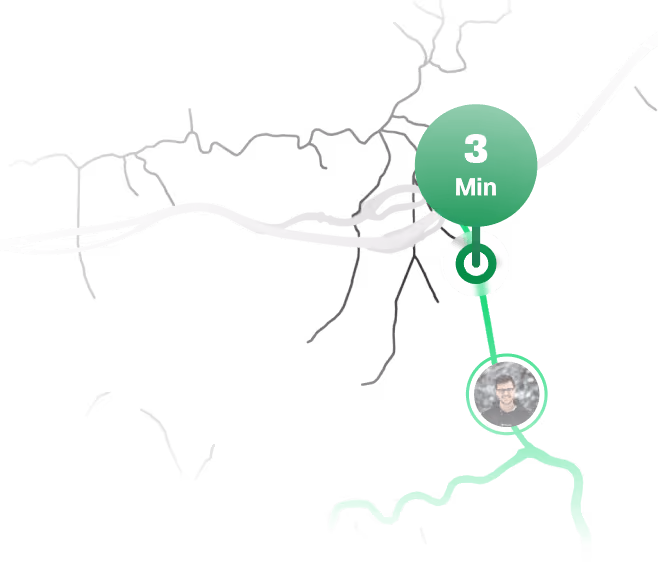 Carte stylisée avec un itinéraire vert menant à un point marqué par une photo et un cercle indiquant 3 minutes.