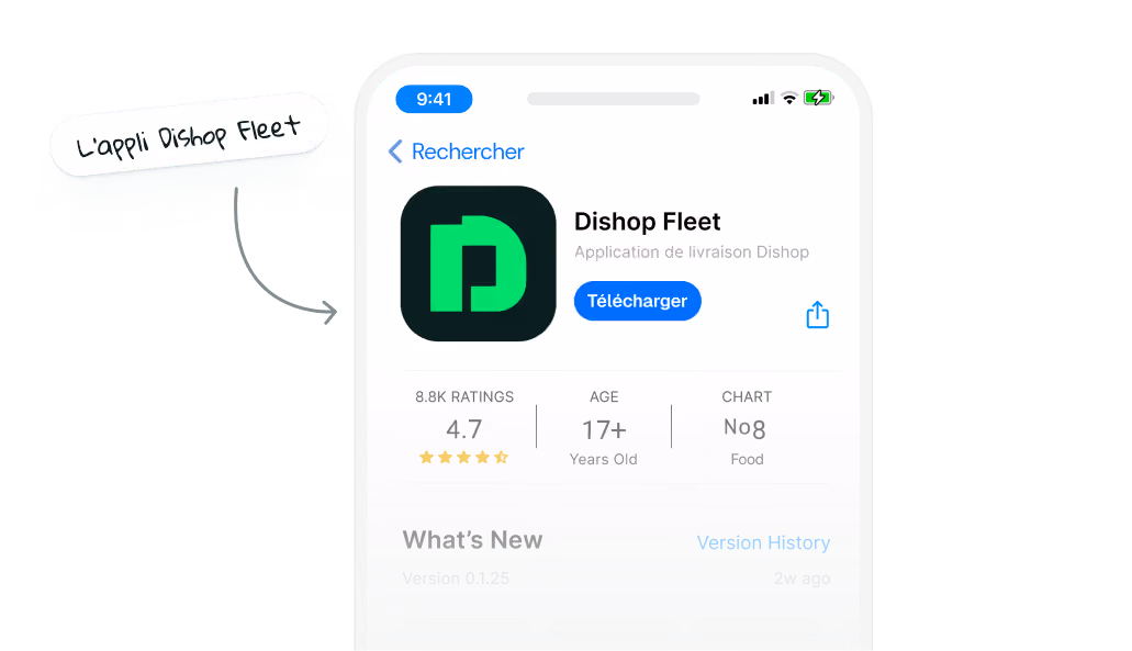 Capture d'écran de l'application Dishop Fleet sur un smartphone avec note, âge recommandé et bouton Télécharger.