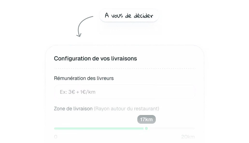 Interface de configuration montrant la rémunération des livreurs et zone de livraison de 17 km autour du restaurant.