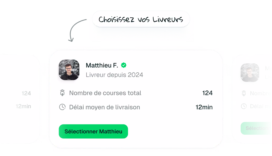 Carte de profil d'un livreur nommé Matthieu F., avec 124 courses et délai moyen de livraison de 12 minutes.