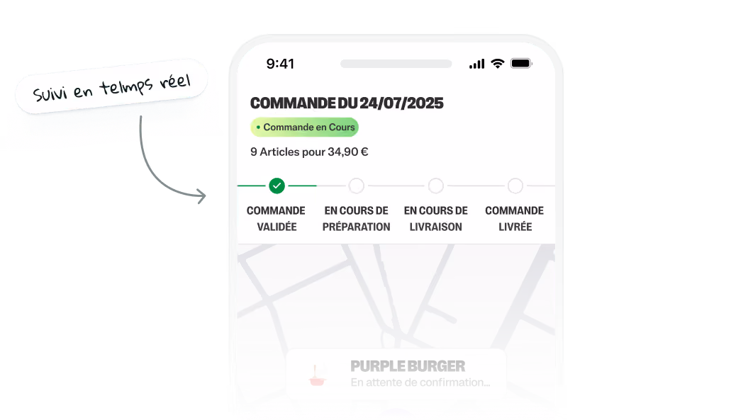 Écran de suivi de commande en temps réel montrant 9 articles pour 34,90 € préparés chez Purple Burger.