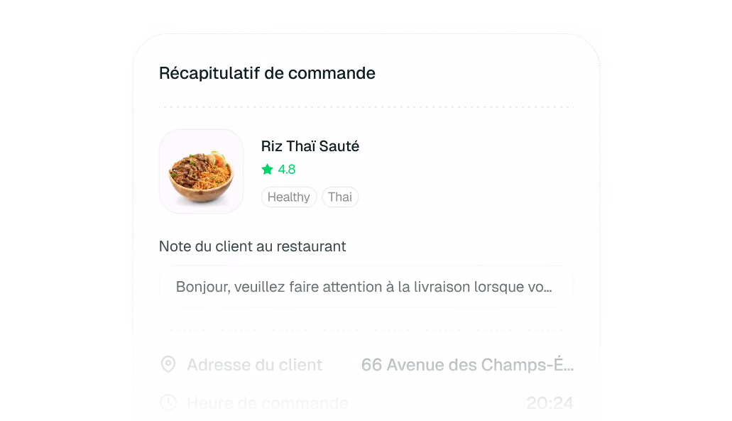 Résumé de commande montrant un bol de riz thaï sauté avec une note client et une adresse partielle.