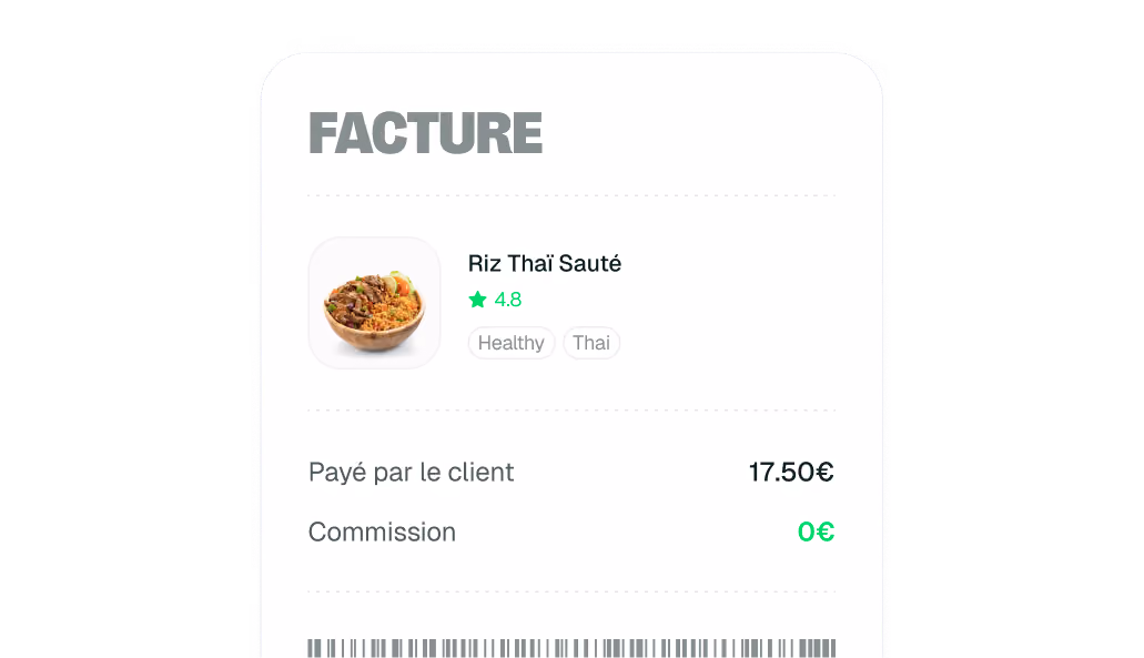 Facture montrant Riz Thaï Sauté noté 4.8, payé 17,50€, commission 0€.