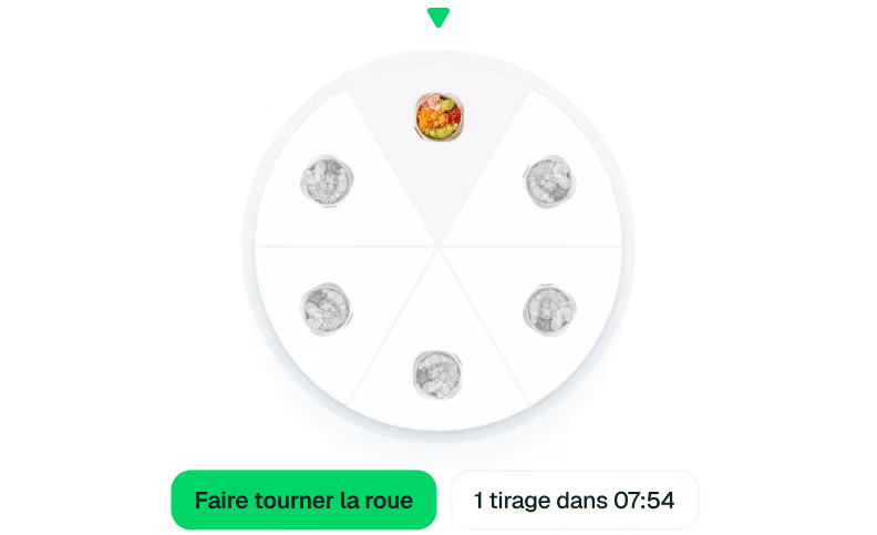 Roue divisée en six parts avec une portion colorée et un bouton vert marqué Faire tourner la roue.
