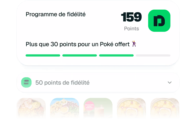 Programme de fidélité avec 159 points, 30 points pour un Poké offert, et images de plats de Poké.