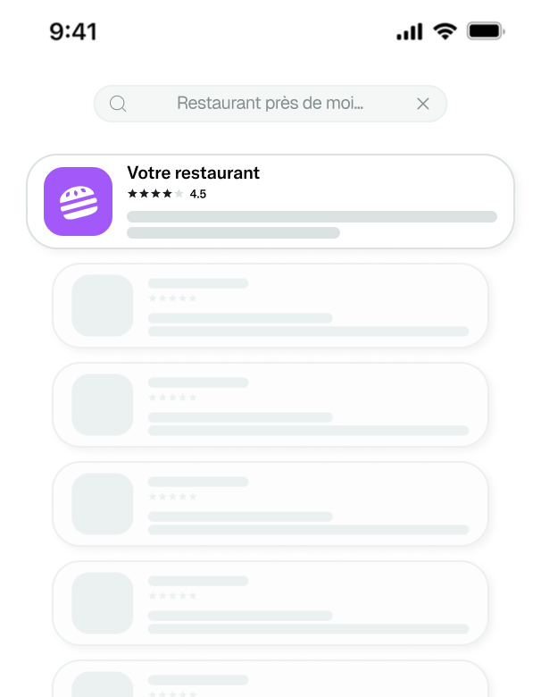 Application affichant une liste de restaurants avec un résumé et une note de 4,5 étoiles pour le premier.