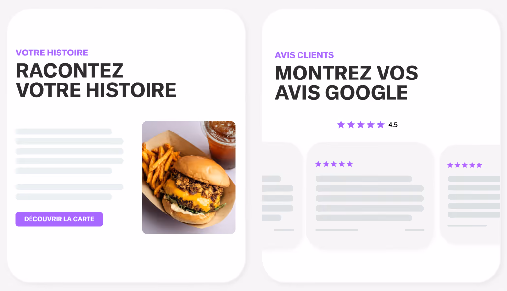 Texte en français sur fond blanc avec une photo d'un burger, frites et boisson, et avis clients Google 4,5 étoiles.