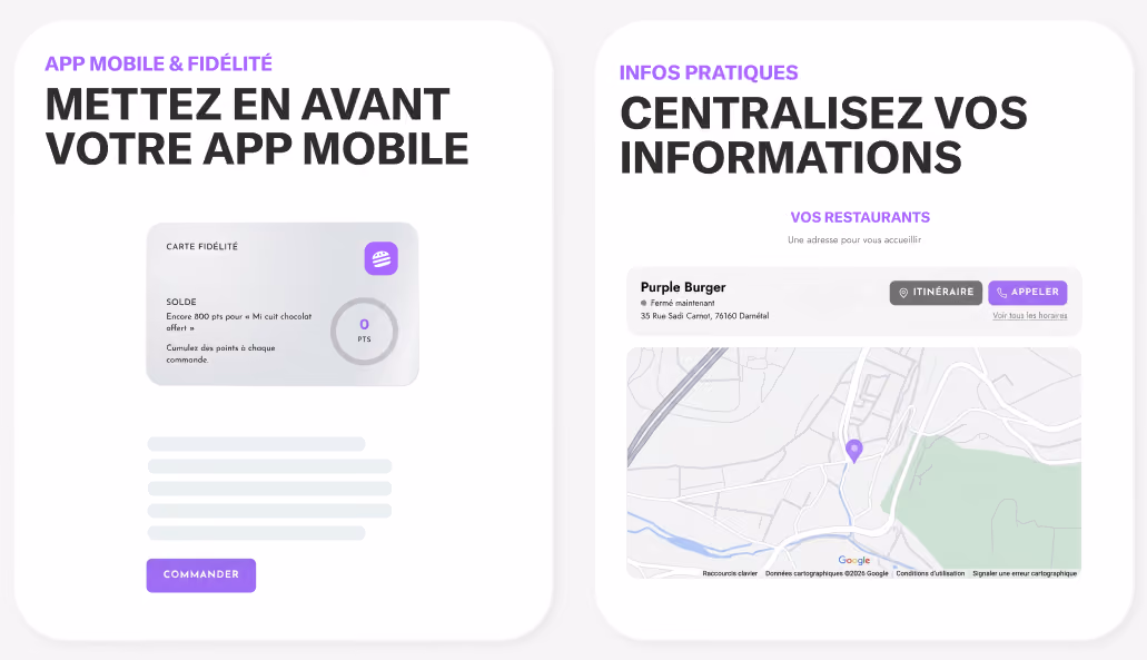 Deux panneaux montrant la promotion d'une app mobile et la centralisation d'infos de restaurants avec une carte.