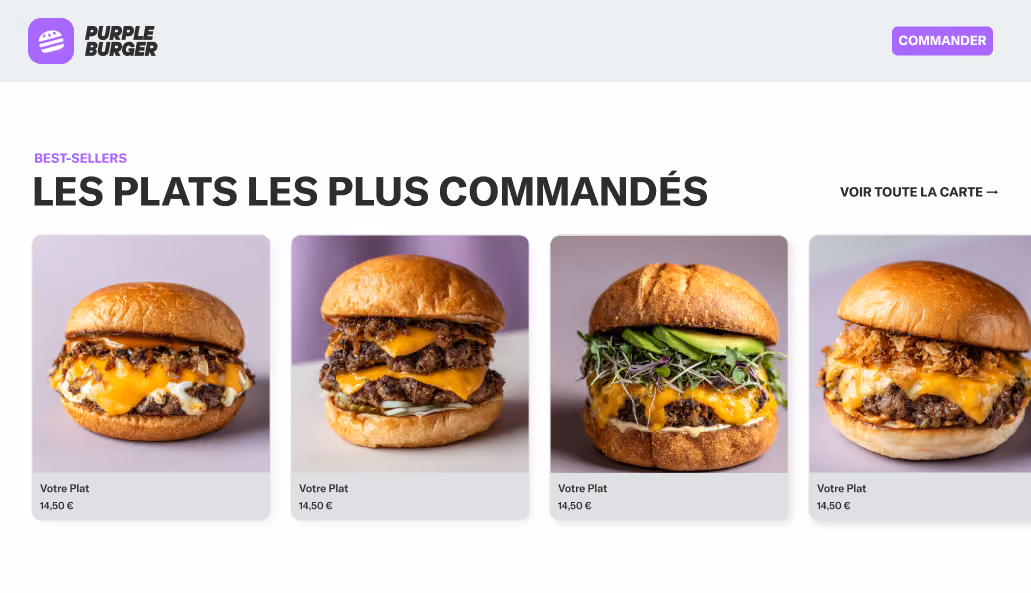 Quatre burgers best-sellers avec fromage, viande et garnitures variées proposés à 14,50 € chacun.