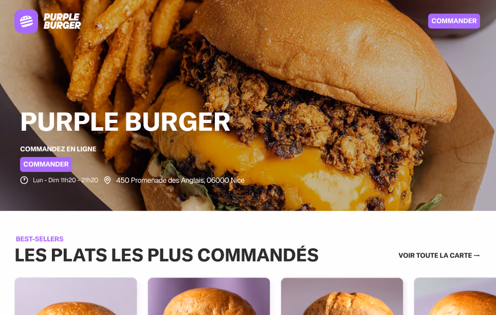 Burger avec fromage fondu et frites, promotion Purple Burger à Nice, commande en ligne possible.