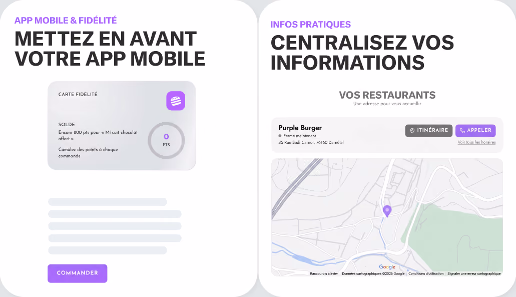Mettez en avant votre app mobile avec une carte de fidélité et centralisez les infos de vos restaurants.