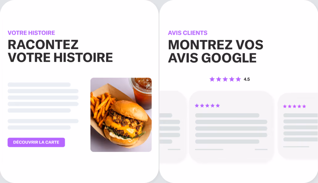 Section avec un burger et des frites à gauche, avis clients Google 4,5 étoiles à droite.