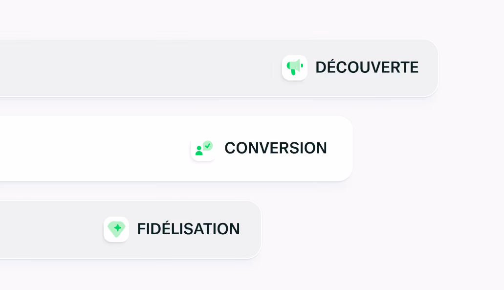 Illustration de trois étapes marketing avec icônes : Découverte avec haut-parleur, Conversion avec icône utilisateur et flèche, Fidélisation avec diamant.
