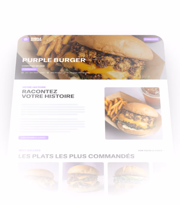 Page web de Purple Burger affichant un hamburger avec fromage fondu et frites, titre principal « Purple Burger », section pour raconter son histoire avec photo du burger et une partie des plats les plus commandés.