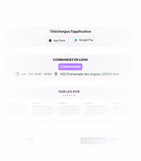 Section pour télécharger l’application avec les icônes Apple App Store et Google Play, bouton violet Commander pour commander en ligne, horaires d'ouverture lun-di 11h20-21h20, adresse 450 Promenade des Anglais, 06000 Nice, et aperçu des avis clients avec note moyenne de 4,9 étoiles.
