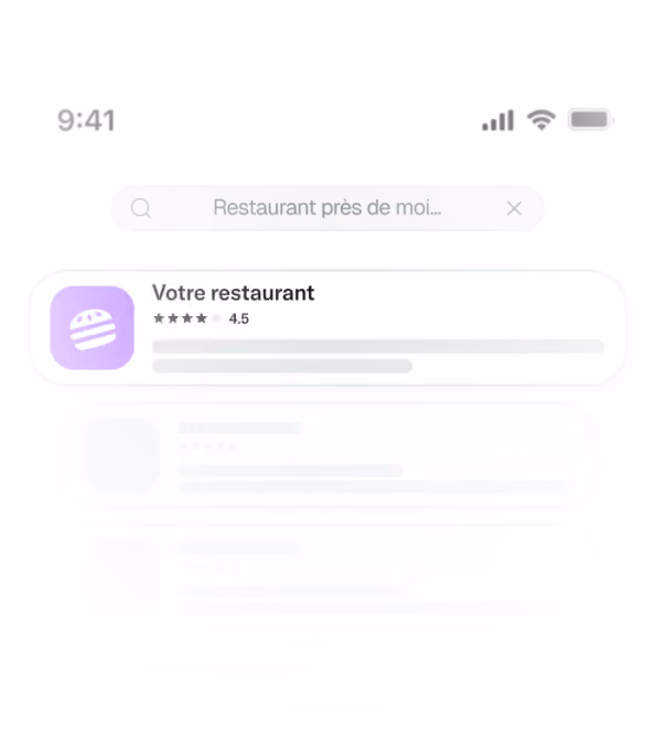 Interface mobile affichant une recherche de restaurant avec une barre de recherche contenant le texte "Restaurant près de moi" et un résultat visible intitulé "Votre restaurant" avec une note de 4,5 étoiles et une icône de burger violette à gauche.