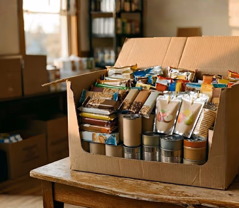 Open cardboard box filled with various shelf-stable food items including cans, crackers, and packaged snacks