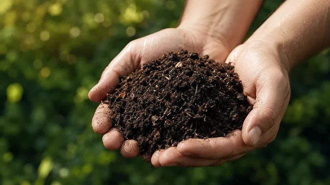 Hands holding rich dark compost soil with blurred green plants background.