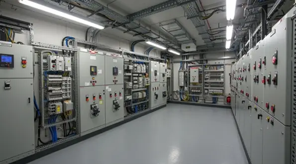 Electrical room with switchgear and distribution panels for commercial power distribution