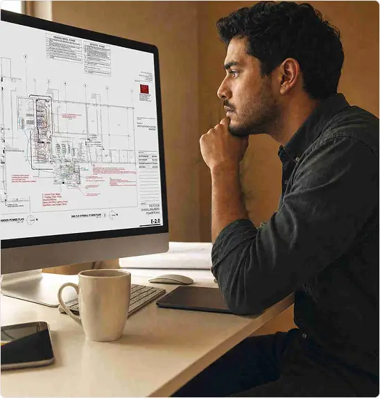 Electrical engineer reviewing a power plan drawing on a computer monitor
