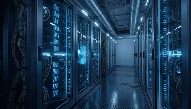 Data center server room with rows of server racks and overhead cable trays