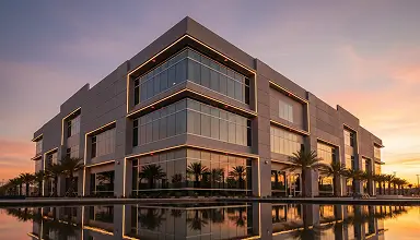 Modern mixed-use commercial building with glass facade at sunset