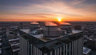 Rooftop cooling towers on a high-rise commercial building at sunset