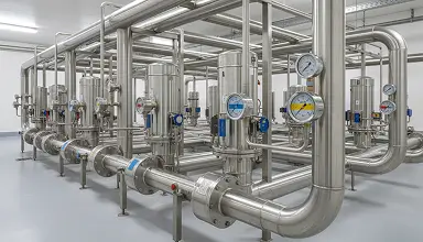 Stainless steel water booster pumps and piping in a mechanical room