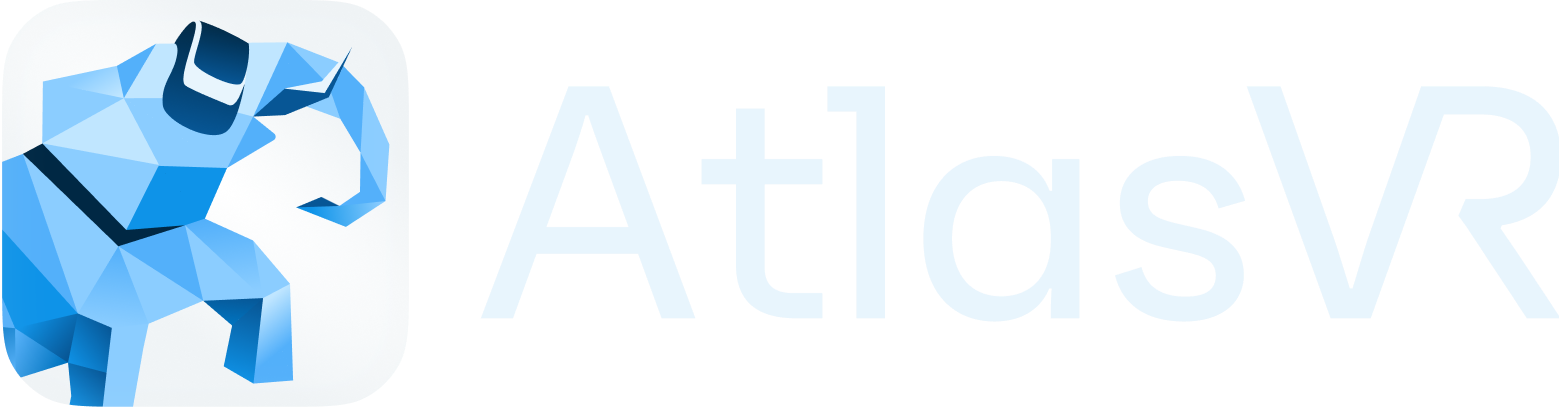 AtlasVR Logo Logo for Atlas VR, featuring a stylized elephant wearing a VR headset and the stylized text”AtlasVR”.