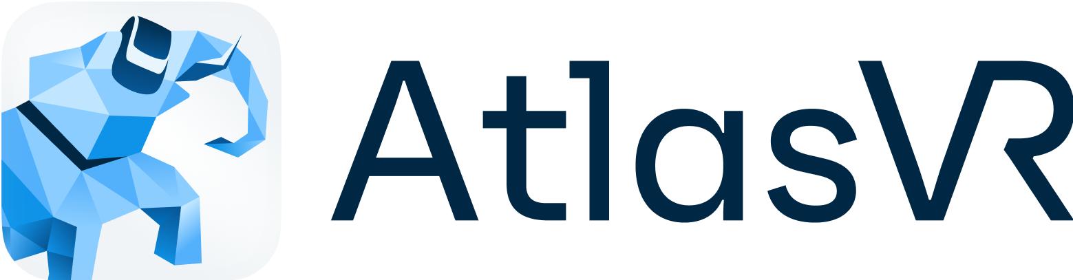 AtlasVR Logo. Logo for Atlas VR, featuring a stylized elephant wearing a VR headset and the stylized text ”AtlasVR”.