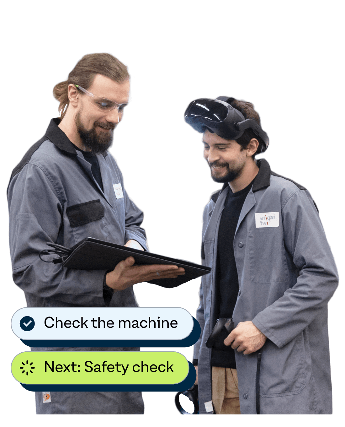 Discussing the results of the VR training. Two men in lab coats and glasses, the right one with VR glasses, reviewing a tablet with the text "check the machine next safety check.