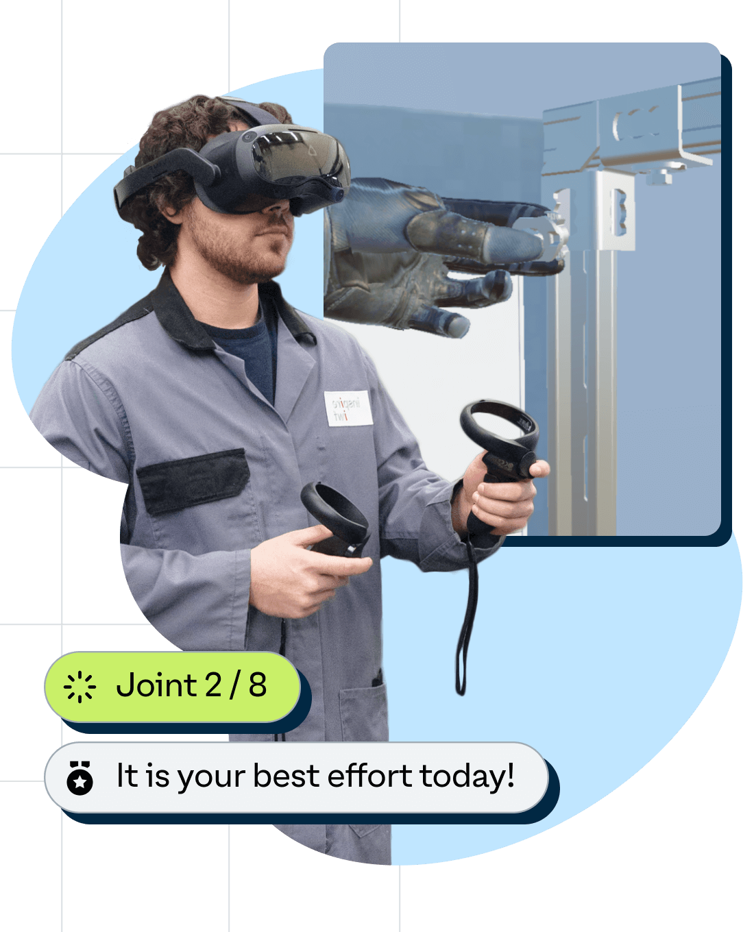 Eine Person trägt ein Virtual-Reality-Headset und hält Controller, wobei sie scheinbar mit einer virtuellen Umgebung interagiert, in der eine virtuelle Hand auf einem Bildschirm angezeigt wird. Text auf dem Bildschirm zeigt „Gelenk 2 / 8“ und „Das ist deine beste Leistung heute!“ an, was auf ein Trainings- oder Simulationsszenario hindeutet.