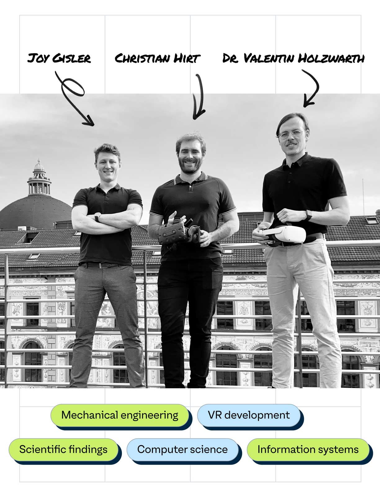 Schwarz-Weiß-Foto von drei Gründern, die vor einer Universität stehen. Unter dem Foto befinden sich Tags oder Kategorien, die ihre beruflichen oder akademischen Interessen widerspiegeln, wie „Maschinenbau“, „VR-Entwicklung“, „Wissenschaftliche Erkenntnisse“, „Informatik“ und „Informationssysteme“, was auf ihre Fachgebiete oder den Schwerpunkt ihrer Arbeit hindeutet.