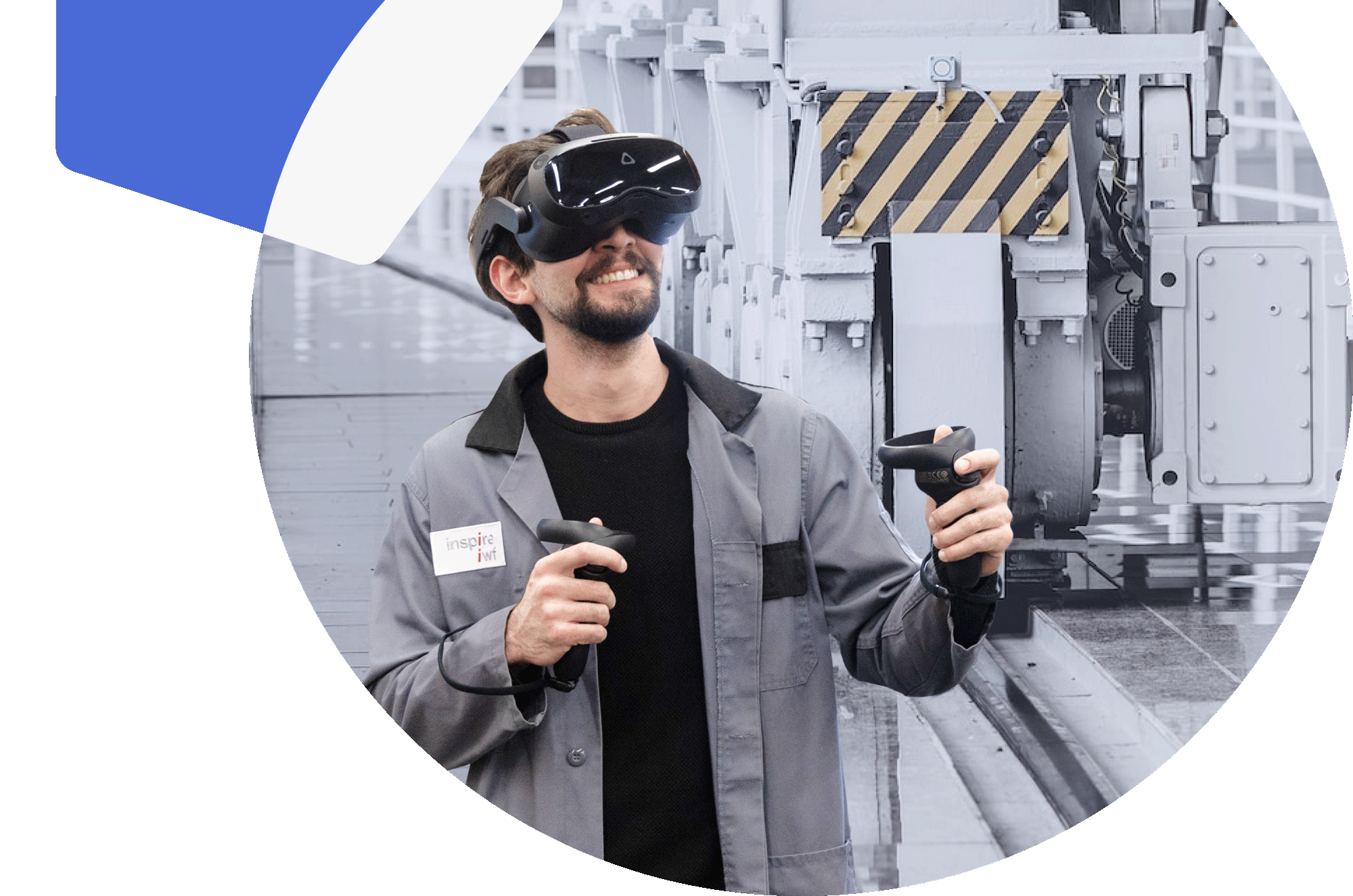 Man wearing VR glasses. A man in a gray shirt holding a virtual reality headset.