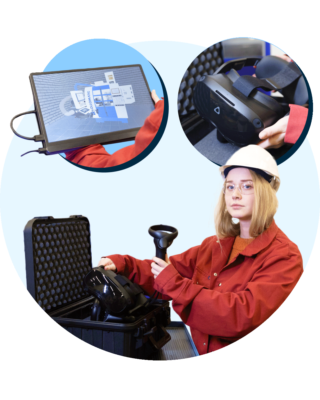 Working with VR. A woman in a red jacket holding VR glasses and controllers.