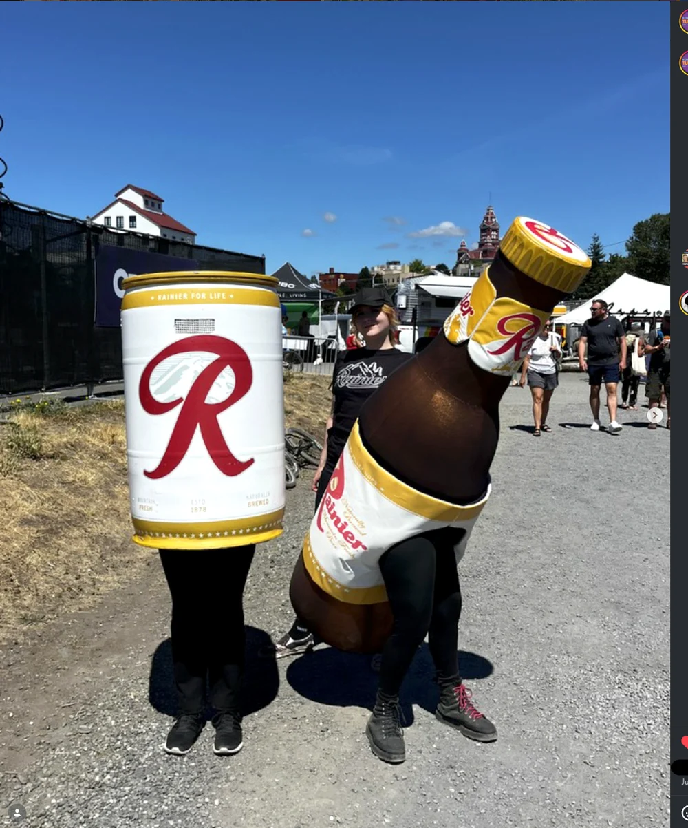 Costumed Rainier can and bottle characters at Northwest Tune-Up