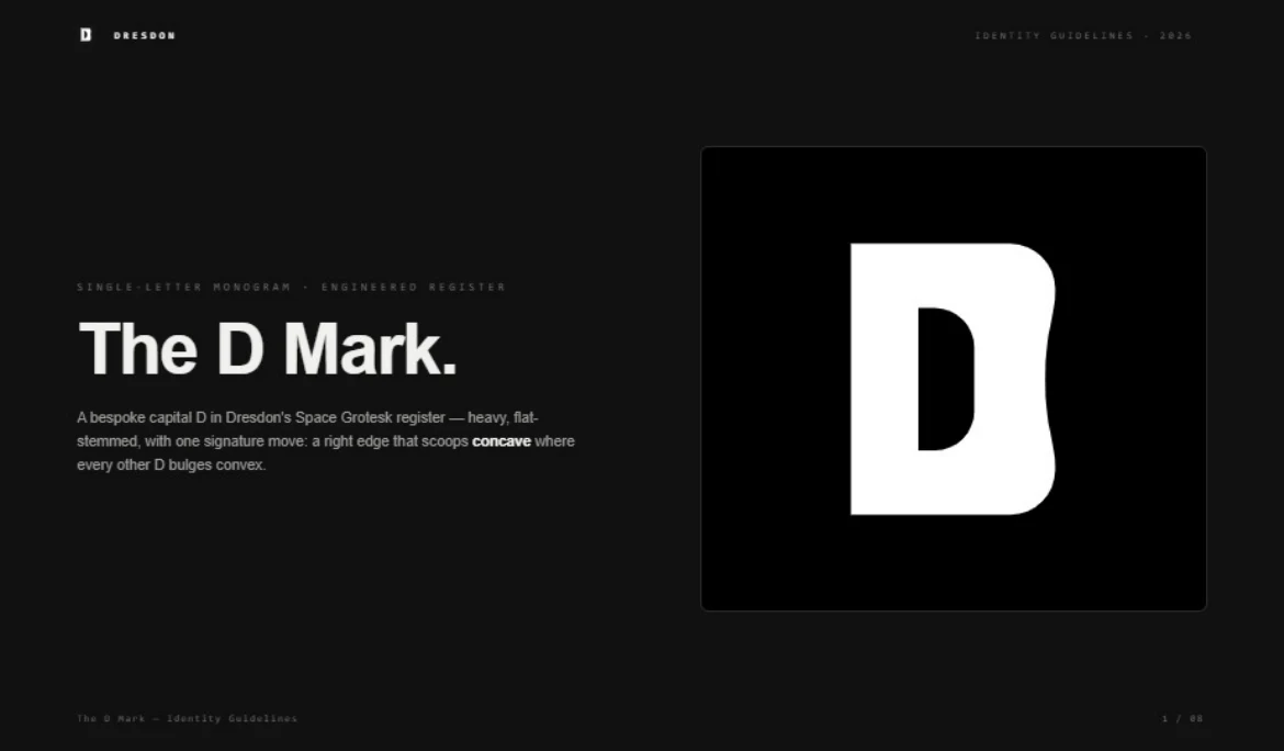 The D Mark, a heavy capital D with a concave right edge, on its identity guidelines cover
