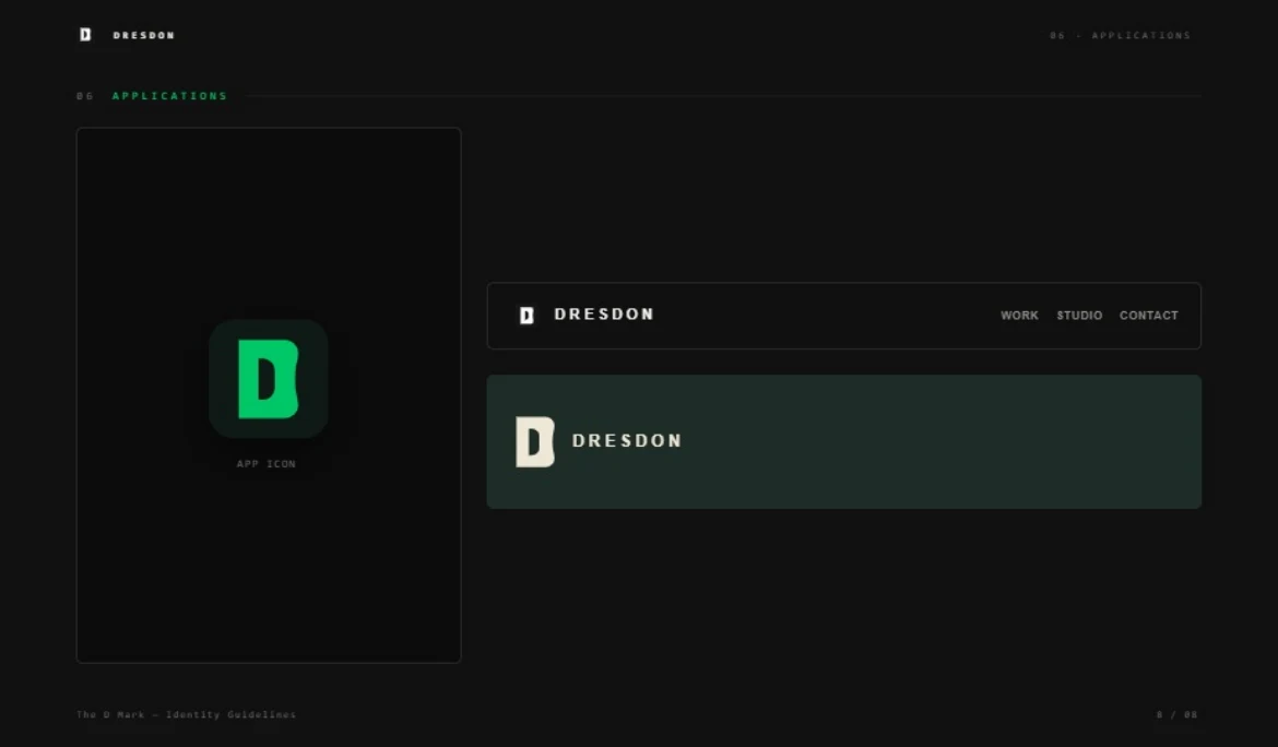 Application examples: app icon tile and navbar lockups in both colorways