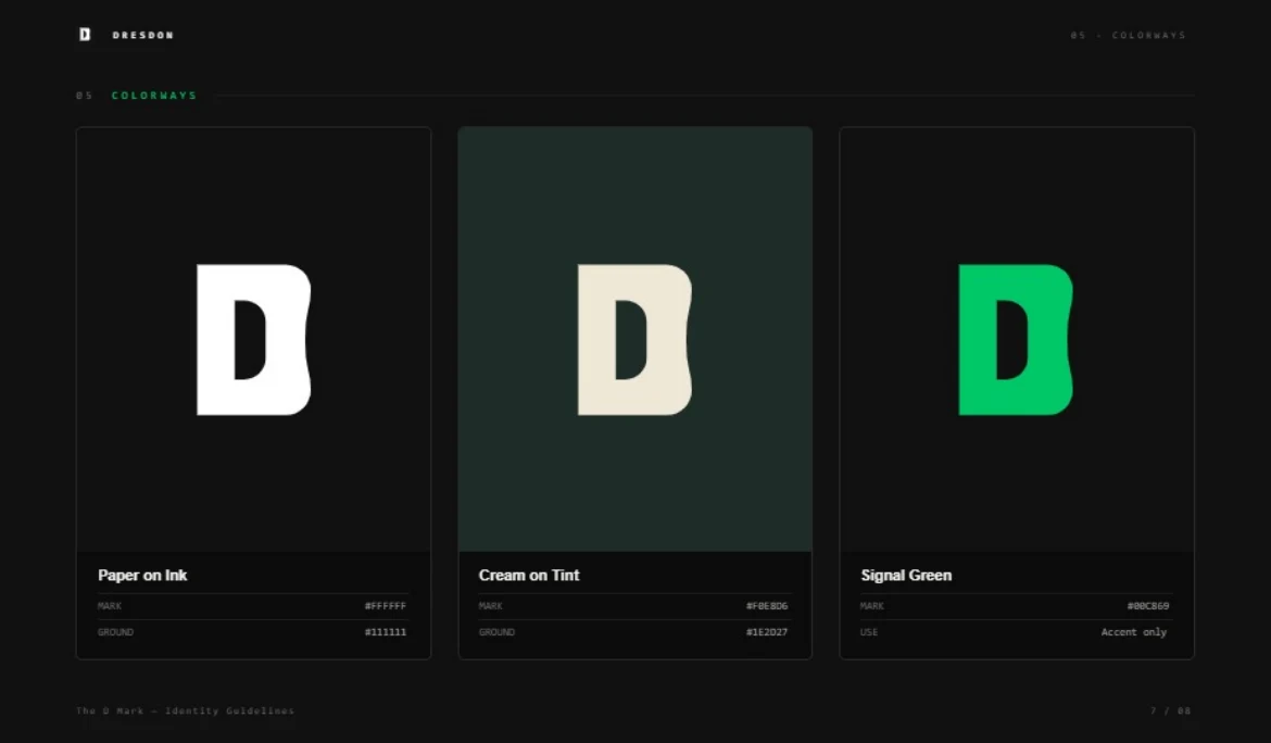 The three colorways: Paper on Ink, Cream on Tint, and the Signal Green accent