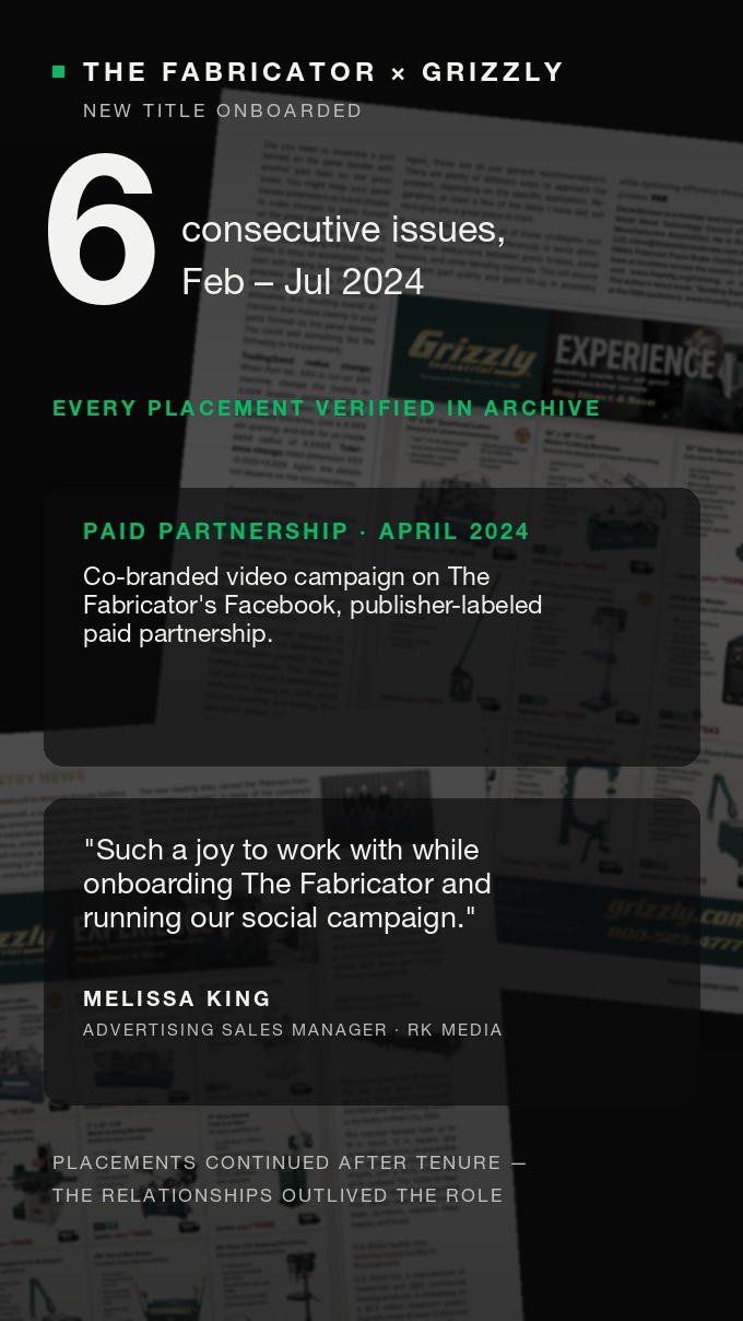 The Fabricator and Grizzly, six consecutive issues and an April 2024 paid partnership campaign
