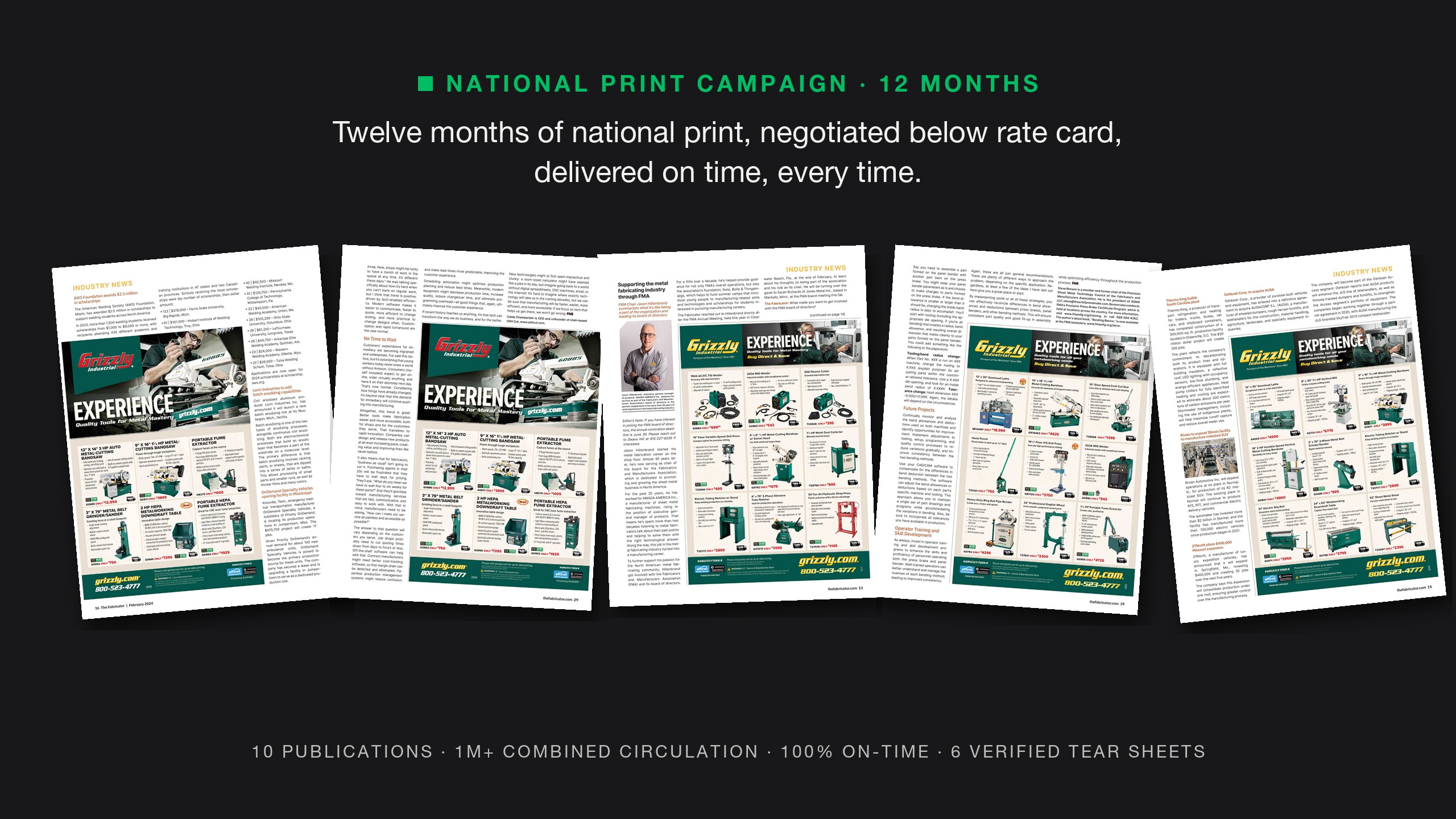 Grizzly Industrial national print campaign, five verified tear sheets from The Fabricator 2024