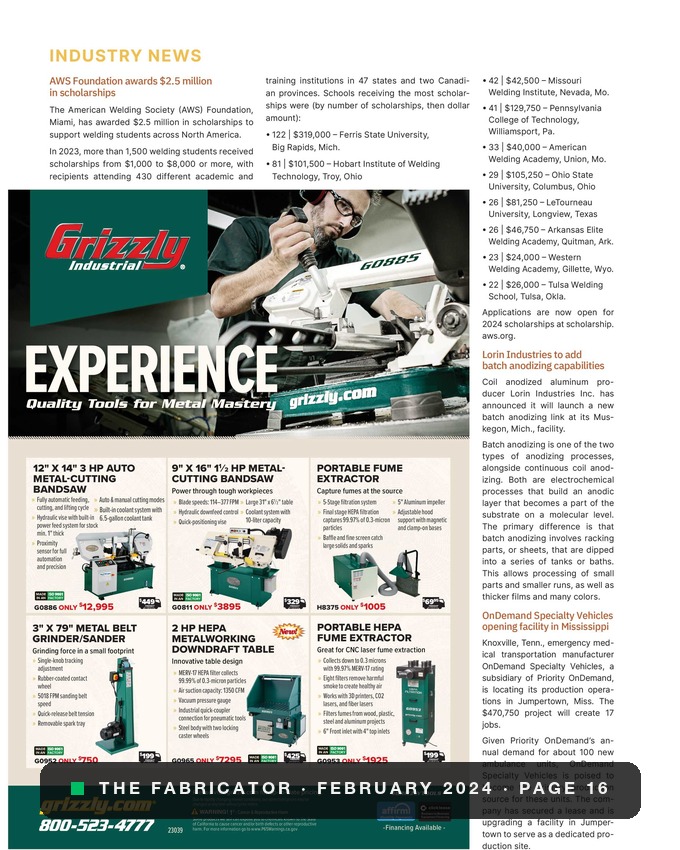 Grizzly Industrial full-page ad, The Fabricator February 2024, page 16